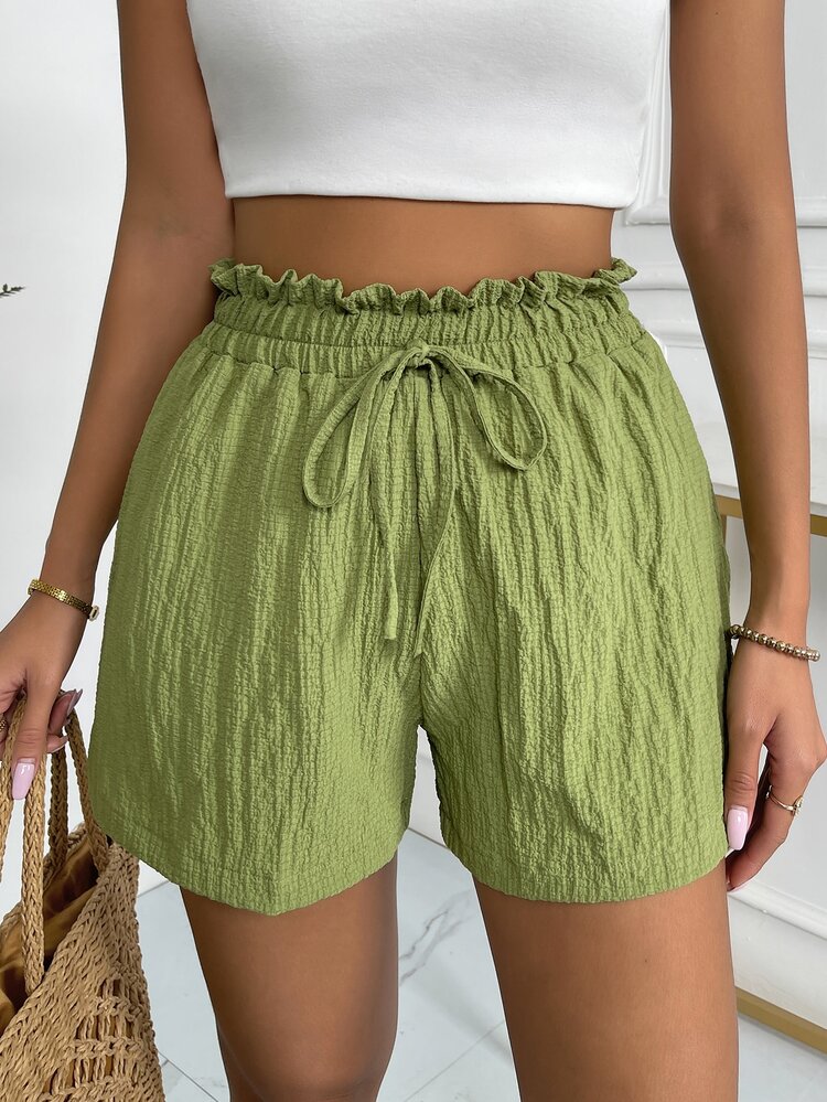 Shorts de pierna ancha de cintura con volante - Verde Oliva - Ver 1