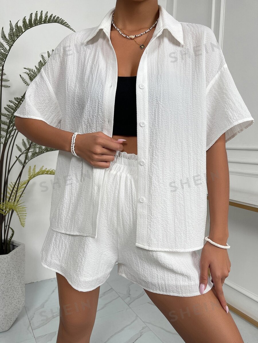 EMERY ROSE Set cămașă și pantaloni scurți cu umeri solidi - alb - Vizualizare 1