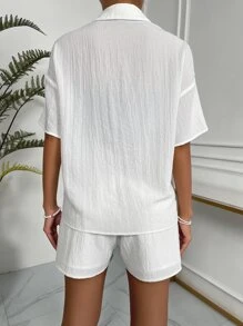 EMERY ROSE Solid Drop Shoulder Shirt & Shorts Set - White - View 2