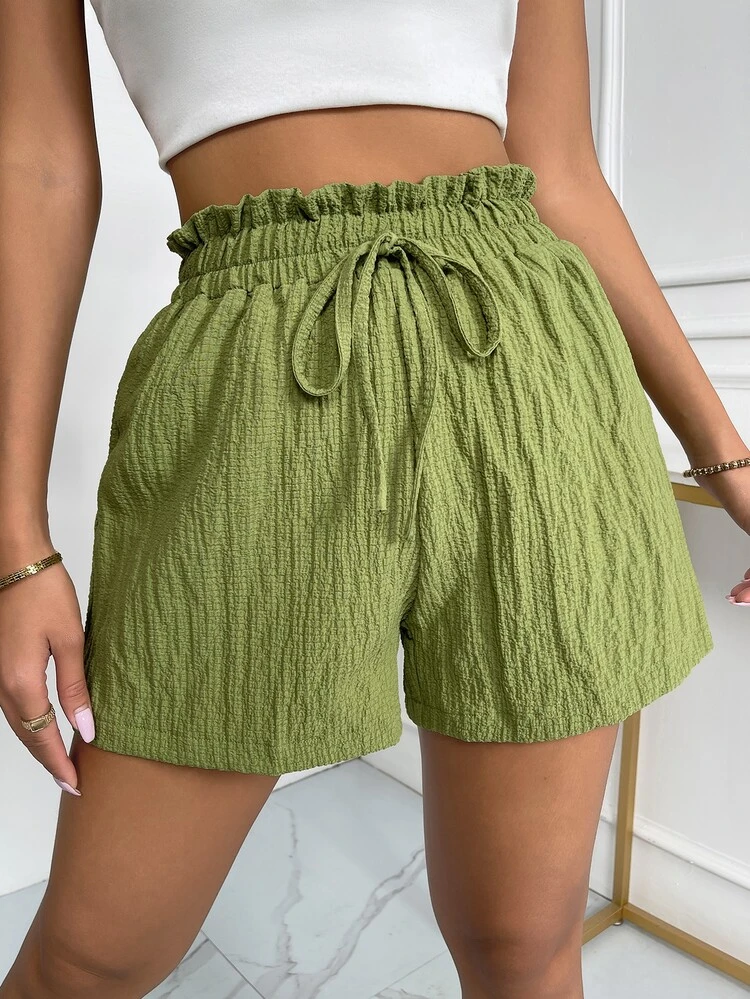 Shorts de pierna ancha de cintura con volante - Verde Oliva - Ver 3