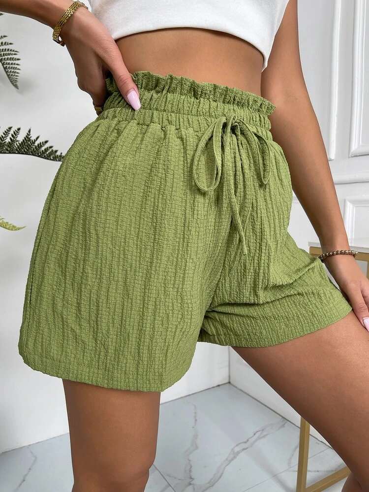 Shorts de pierna ancha de cintura con volante - Verde Oliva - Ver 5
