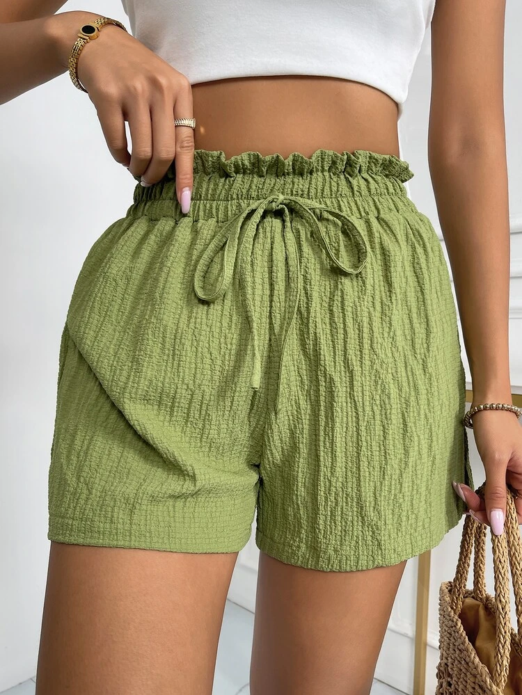 Shorts de pierna ancha de cintura con volante - Verde Oliva - Ver 6