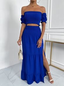 SHEIN VCAY 一字肩上身打攬短款上衣和高衩裙子套裝 - 寶藍色 - 查看 1