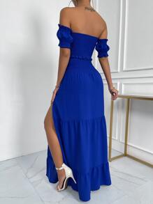 SHEIN VCAY 一字肩上身打攬短款上衣和高衩裙子套裝 - 寶藍色 - 查看 2