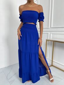 SHEIN VCAY 一字肩上身打攬短款上衣和高衩裙子套裝 - 寶藍色 - 查看 3