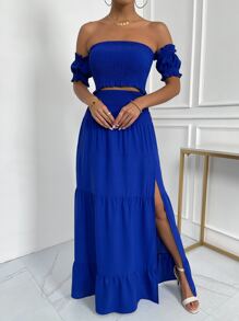 SHEIN VCAY 一字肩上身打攬短款上衣和高衩裙子套裝 - 寶藍色 - 查看 5