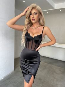 Chiquease Contrast Lace Sheer Split Hem Satin Cami Dress - Black - View 3