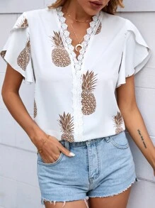 Blusa con estampado de piña ribete con encaje - Blanco - Ver 5
