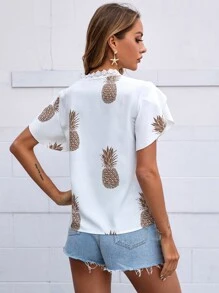 Blusa con estampado de piña ribete con encaje - Blanco - Ver 2
