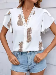 Blusa con estampado de piña ribete con encaje - Blanco - Ver 1