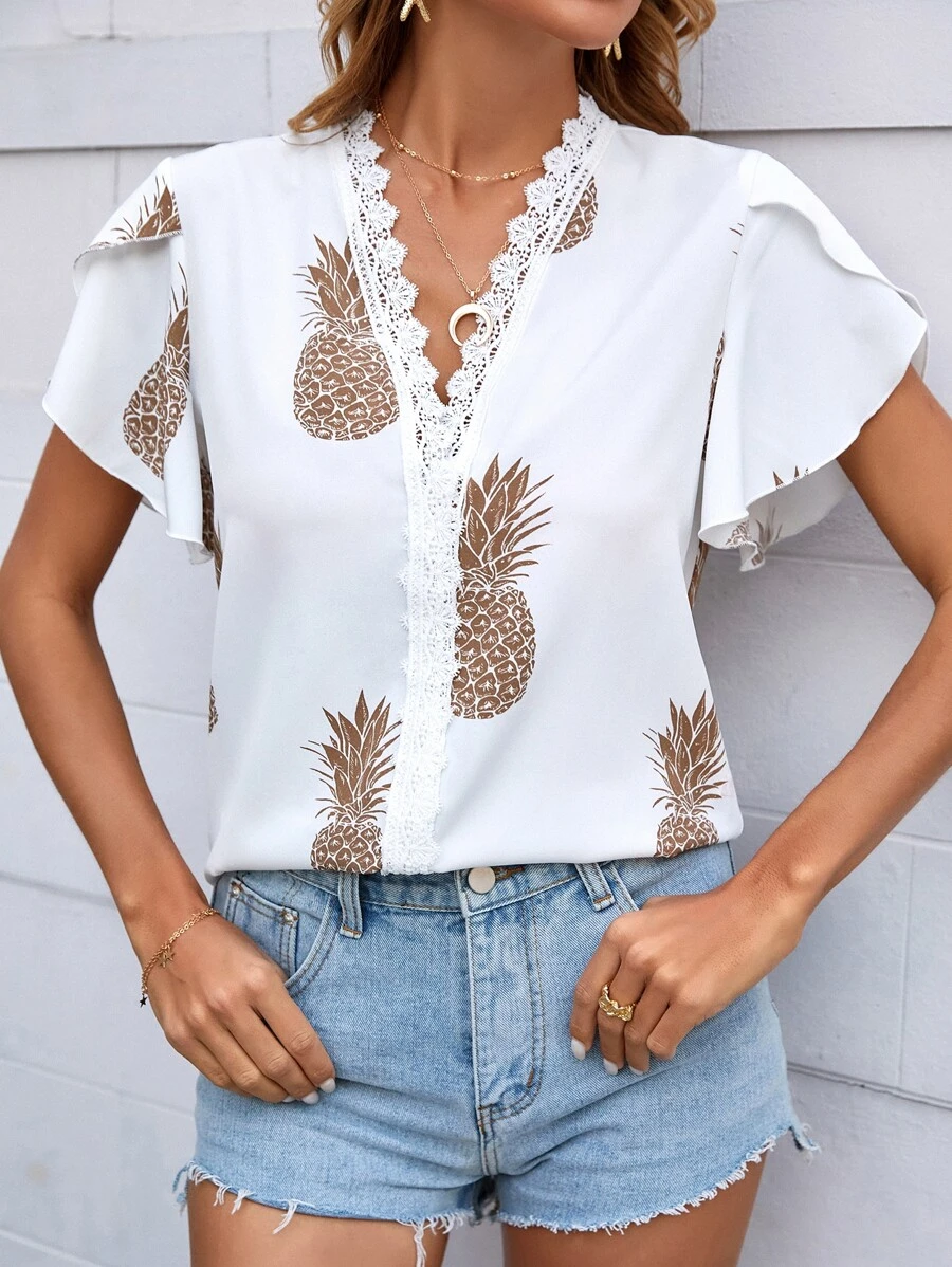 Blusa con estampado de piña ribete con encaje - Blanco - Ver 1