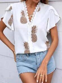 Blusa con estampado de piña ribete con encaje - Blanco - Ver 4
