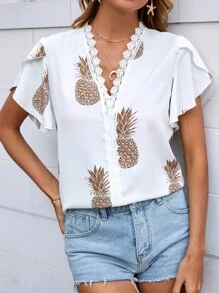 Blusa con estampado de piña ribete con encaje - Blanco - Ver 6