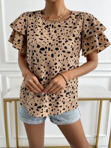 EMERY ROSE Dalmatian Print Butterfly Sleeve Blouse,Short Sleeve Tops - Multicolor - View 4