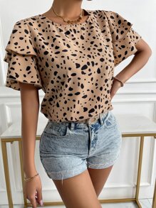 EMERY ROSE Dalmatian Print Butterfly Sleeve Blouse,Short Sleeve Tops - Multicolor - View 5