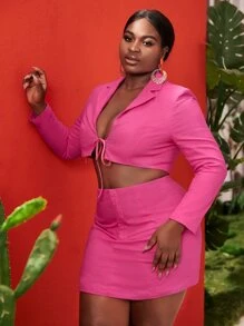 Slaydiva Bộ thời trang Plus Size Dây kéo Thắt nơ trước màu trơn Gợi cảm - Màu Hồng Tươi - Xem 1