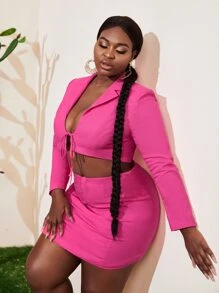 Slaydiva Bộ thời trang Plus Size Dây kéo Thắt nơ trước màu trơn Gợi cảm - Màu Hồng Tươi - Xem 2