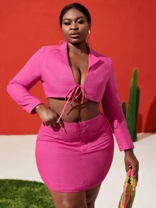 Slaydiva Bộ thời trang Plus Size Dây kéo Thắt nơ trước màu trơn Gợi cảm - Màu Hồng Tươi - Xem 3