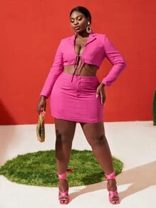 Slaydiva Bộ thời trang Plus Size Dây kéo Thắt nơ trước màu trơn Gợi cảm - Màu Hồng Tươi - Xem 6