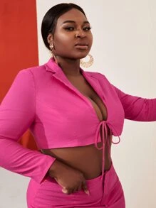 Slaydiva Bộ thời trang Plus Size Dây kéo Thắt nơ trước màu trơn Gợi cảm - Màu Hồng Tươi - Xem 7