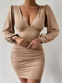 SHEIN SXY Deep V Neck Lantern Sleeve Ruched Bodycon Dress - Khaki - View 1