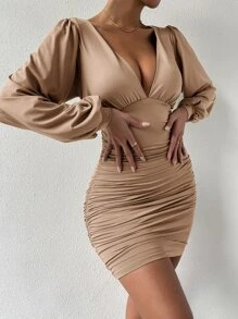 SHEIN SXY Deep V Neck Lantern Sleeve Ruched Bodycon Dress - Khaki - View 3