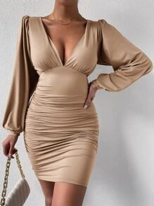 SHEIN SXY Deep V Neck Lantern Sleeve Ruched Bodycon Dress - Khaki - View 4
