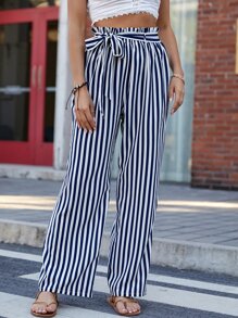 Striped Print Paperbag Waist Belted Wide Leg Trousers - Blue and White - View 5