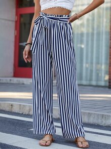 Striped Print Paperbag Waist Belted Wide Leg Trousers - Blue and White - View 6