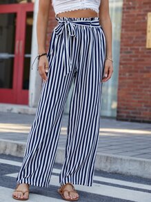 Striped Print Paperbag Waist Belted Wide Leg Trousers - Blue and White - View 7