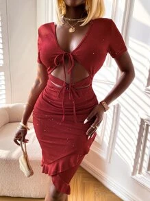 Zolique Cut Out Tie Front Ruffle Trim Bodycon Dress - Red - View 4