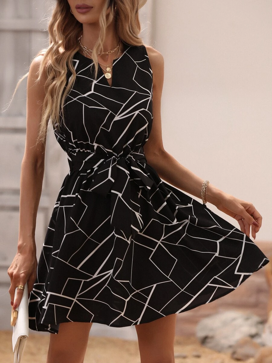 SHEIN Clasi Geo Print Notched Neck Belted Dress - Black - View 1