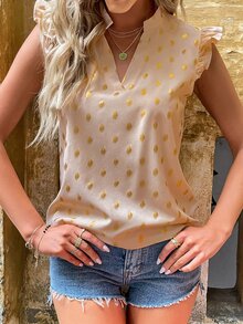 Golden Dot Print Ruffle Sleeve Blouse - Apricot - View 3