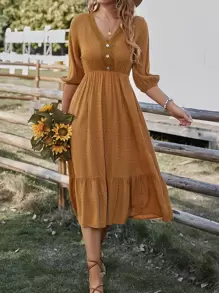 SHEIN Clasi Swiss Dot Lace Detail Fake Button Lantern Sleeve Ruffle Hem Dress - Brown - View 1