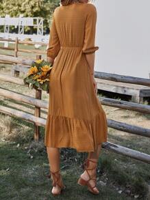 SHEIN Clasi Swiss Dot Lace Detail Fake Button Lantern Sleeve Ruffle Hem Dress - Brown - View 2