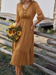 SHEIN Clasi Swiss Dot Lace Detail Fake Button Lantern Sleeve Ruffle Hem Dress - Brown - View 3