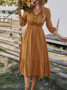 SHEIN Clasi Swiss Dot Lace Detail Fake Button Lantern Sleeve Ruffle Hem Dress - Brown - View 4