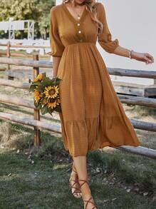 SHEIN Clasi Swiss Dot Lace Detail Fake Button Lantern Sleeve Ruffle Hem Dress - Brown - View 5