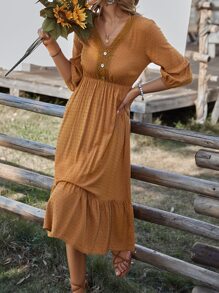 SHEIN Clasi Swiss Dot Lace Detail Fake Button Lantern Sleeve Ruffle Hem Dress - Brown - View 6