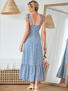 Vestido de tirantes floral de hombro con nudo bajo con fruncido - Azul y blanco - Ver 2