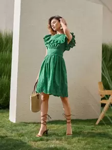 SHEIN 貝殼邊網眼刺繡連衣裙 - 綠色 - 查看 3