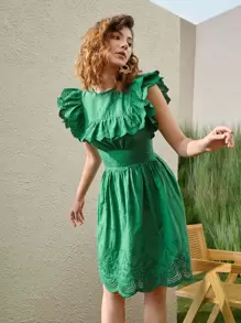 SHEIN 貝殼邊網眼刺繡連衣裙 - 綠色 - 查看 6