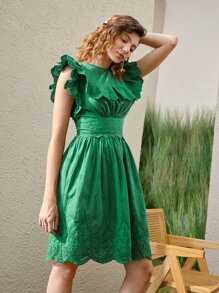 SHEIN 貝殼邊網眼刺繡連衣裙 - 綠色 - 查看 9