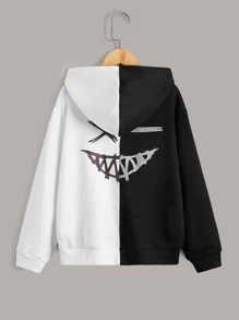 SHEIN Tween Boy Reflective Cartoon Graphic Spliced Sweatshirt - Black and White - View 3