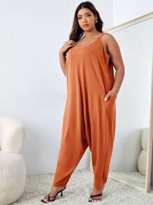 SHEIN Essnce Plus Dual Pockets Loose Cami Jumpsuit - Burnt Orange - View 3