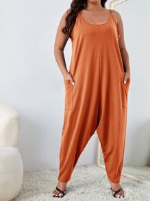 SHEIN Essnce Plus Dual Pockets Loose Cami Jumpsuit - Burnt Orange - View 4