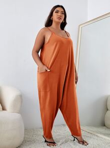 SHEIN Essnce Plus Dual Pockets Loose Cami Jumpsuit - Burnt Orange - View 5