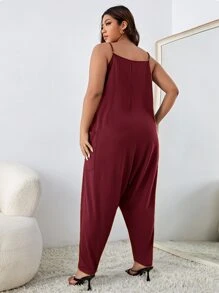 SHEIN Essnce 大碼雙口袋寬鬆吊帶連身褲 - 酒紅色 - 查看 2