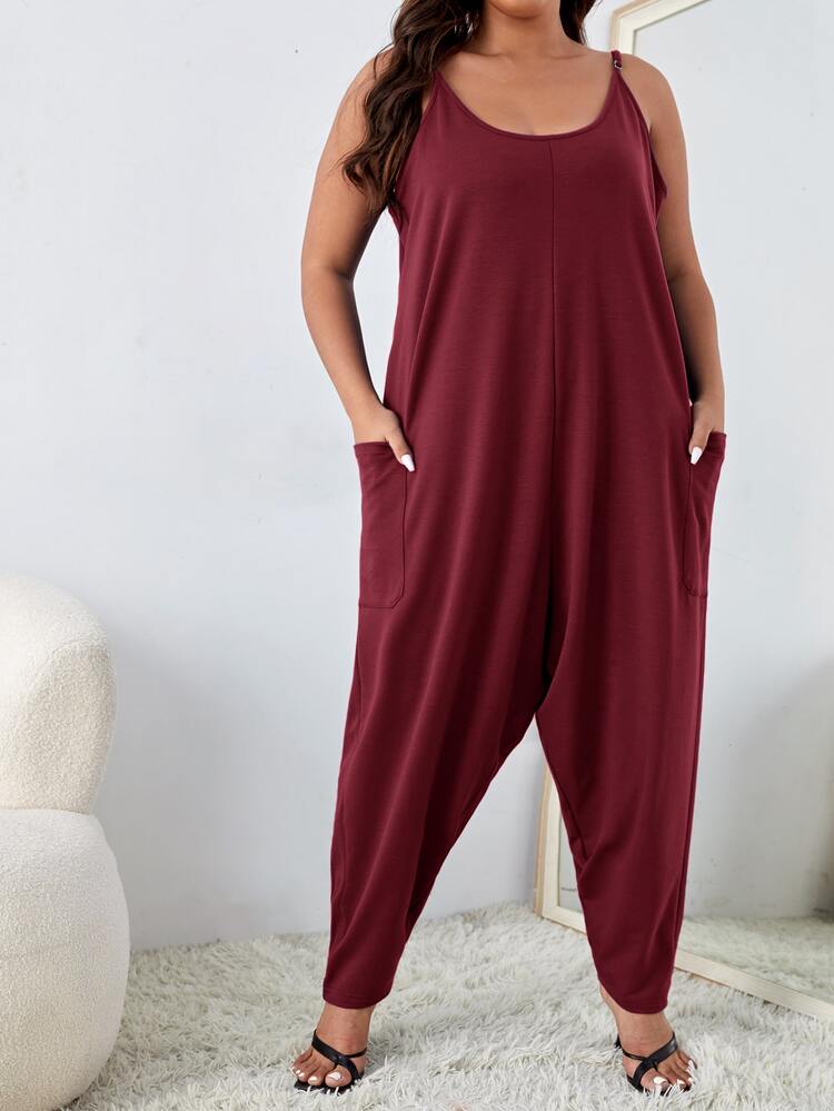 SHEIN Essnce Plus Dual Pockets Loose Cami Jumpsuit - Burgundy - View 4