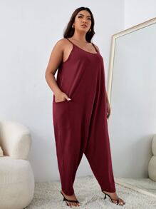 SHEIN Essnce 大碼雙口袋寬鬆吊帶連身褲 - 酒紅色 - 查看 5